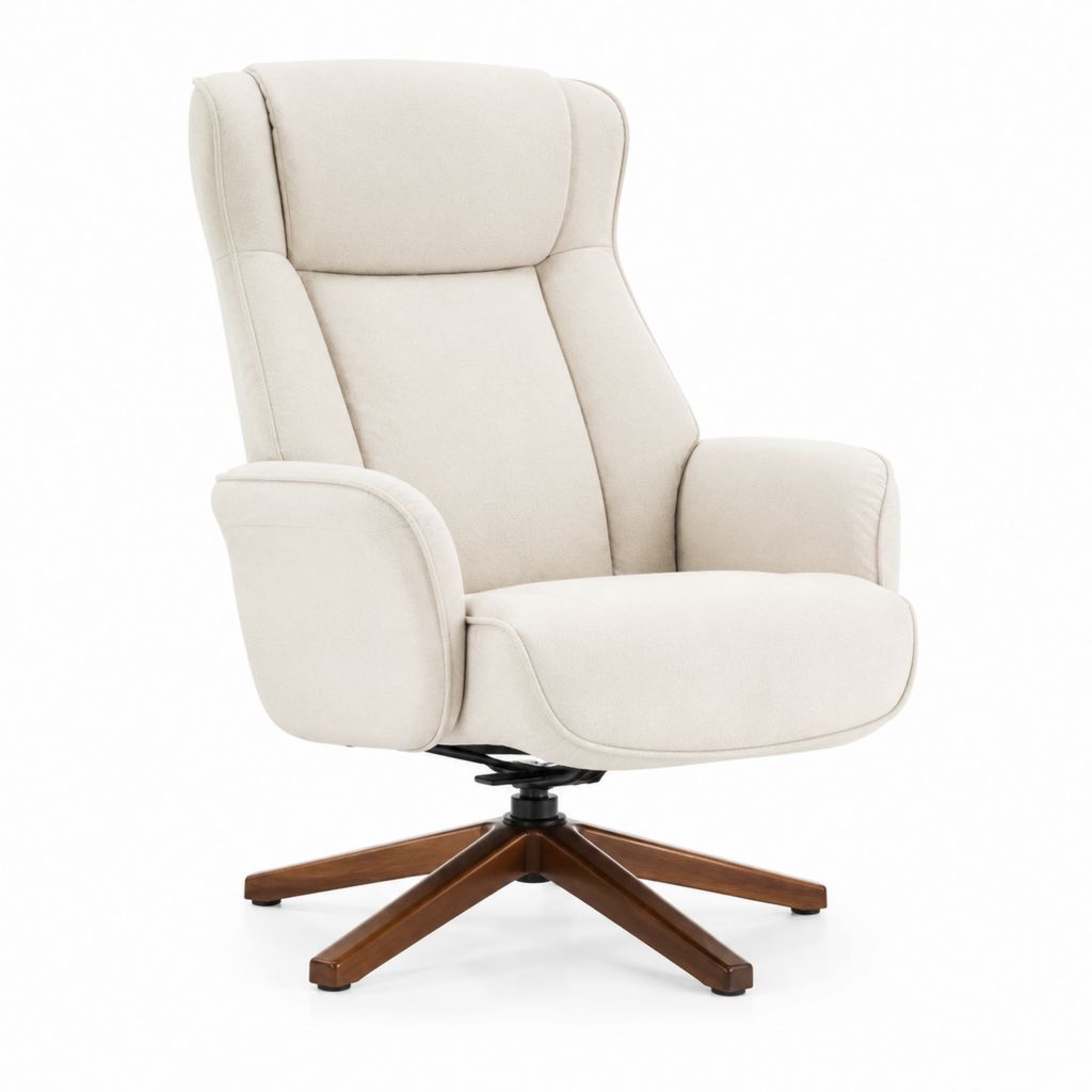 Poltrona reclinabile girevole beige in microfibra di poliestere con base in legno massello 82 x 90 x 108 cm