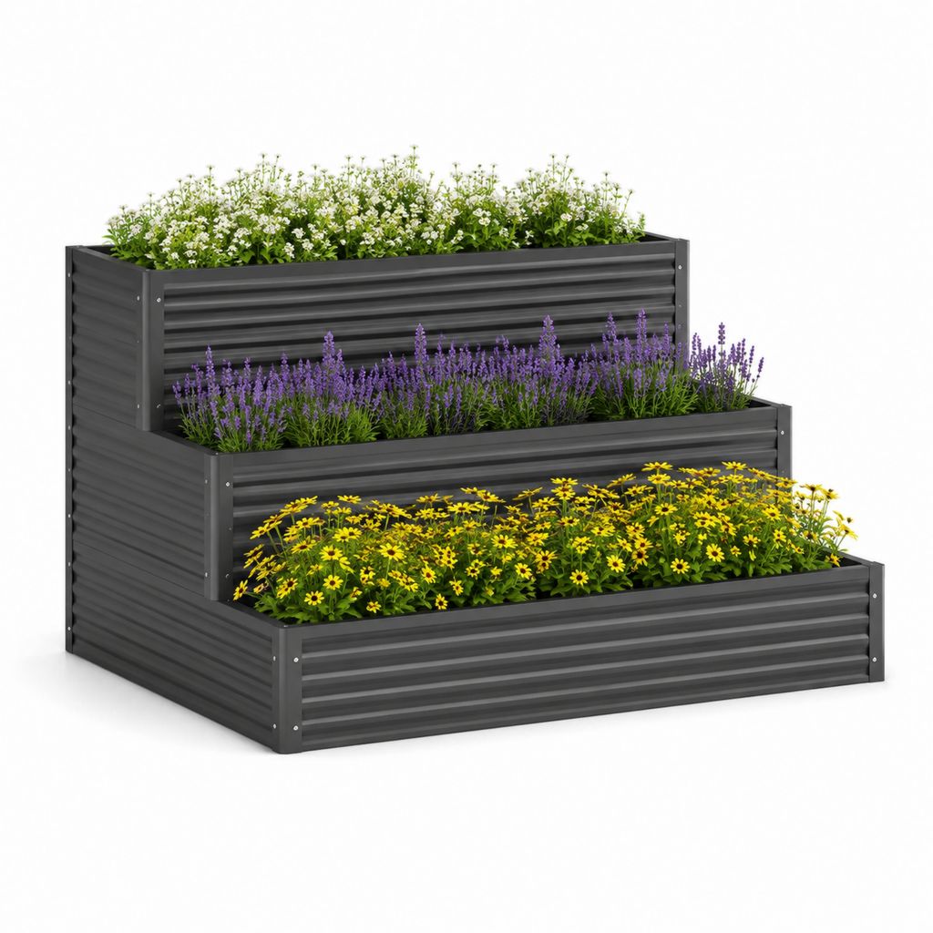 Fioriera rialzata a 3 livelli nera in acciaio zincato rettangolare 120 x 60 x 80 cm