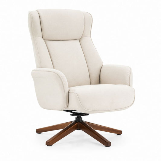 Poltrona reclinabile girevole beige in microfibra di poliestere con base in legno massello 82 x 90 x 108 cm