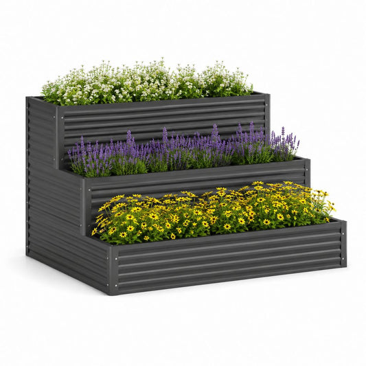 Fioriera rialzata a 3 livelli nera in acciaio zincato rettangolare 120 x 60 x 80 cm