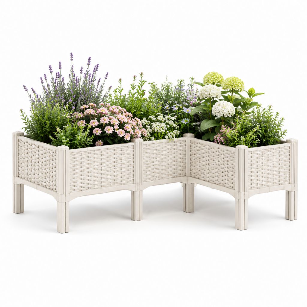 Set 3 fioriere da giardino modulari bianche in PP effetto rattan 40 x 40 x 43 cm