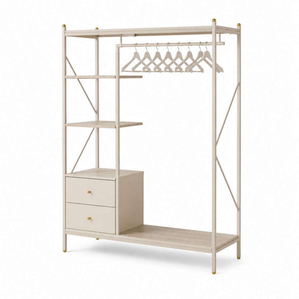 Armadio guardaroba aperto avorio in acciaio e MDF con appendiabiti 2 cassetti e ripiani 120 x 45 x 190 cm
