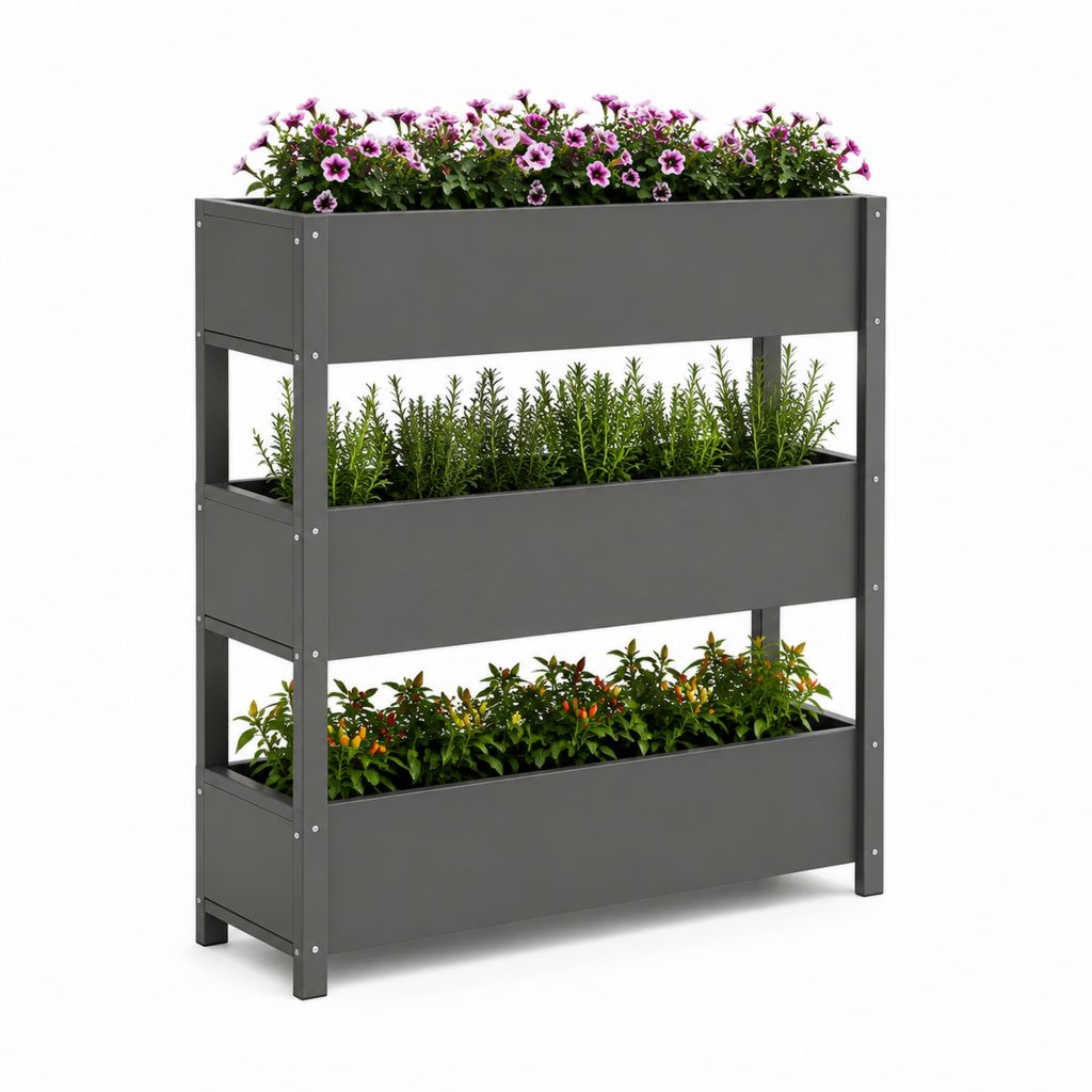 Fioriera verticale rialzata a 3 livelli grigio antracite in acciaio zincato 80 x 30 x 120 cm