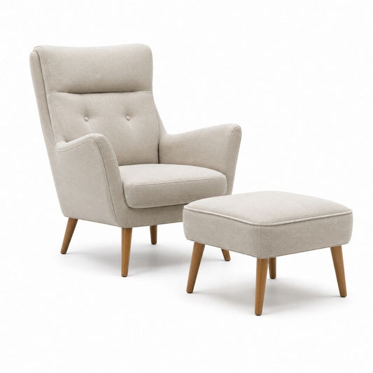 Set poltrona relax con poggiapiedi beige in poliestere e legno massello 76 x 82 x 105 cm