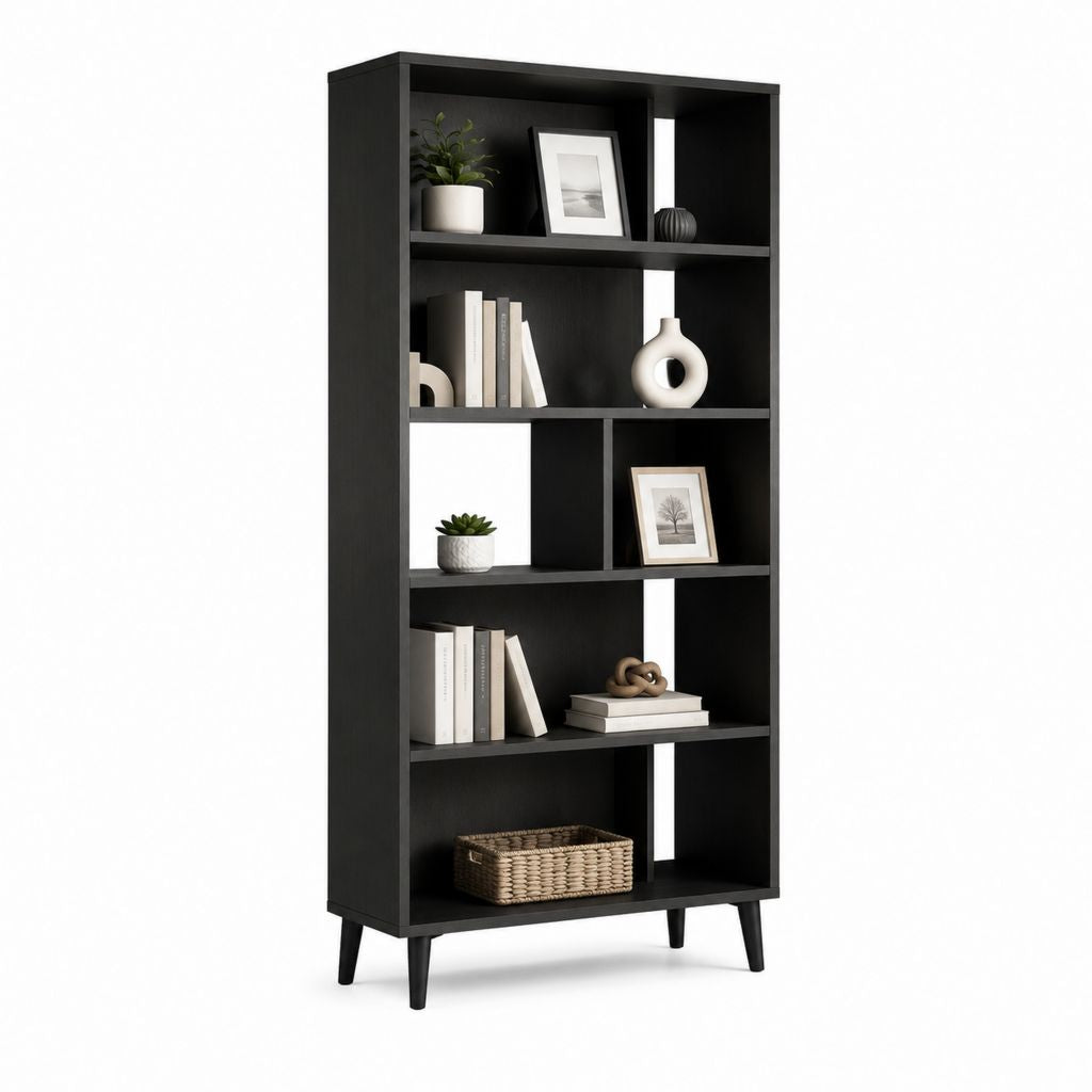 Libreria rettangolare a 5 ripiani nera in pannello truciolare 80 x 30 x 180 cm
