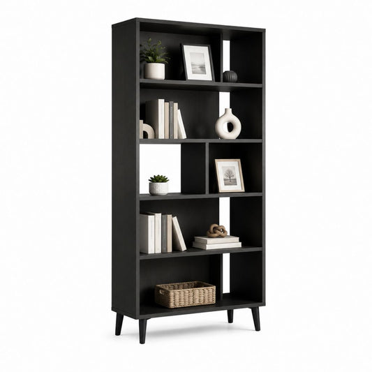 Libreria rettangolare a 5 ripiani nera in pannello truciolare 80 x 30 x 180 cm